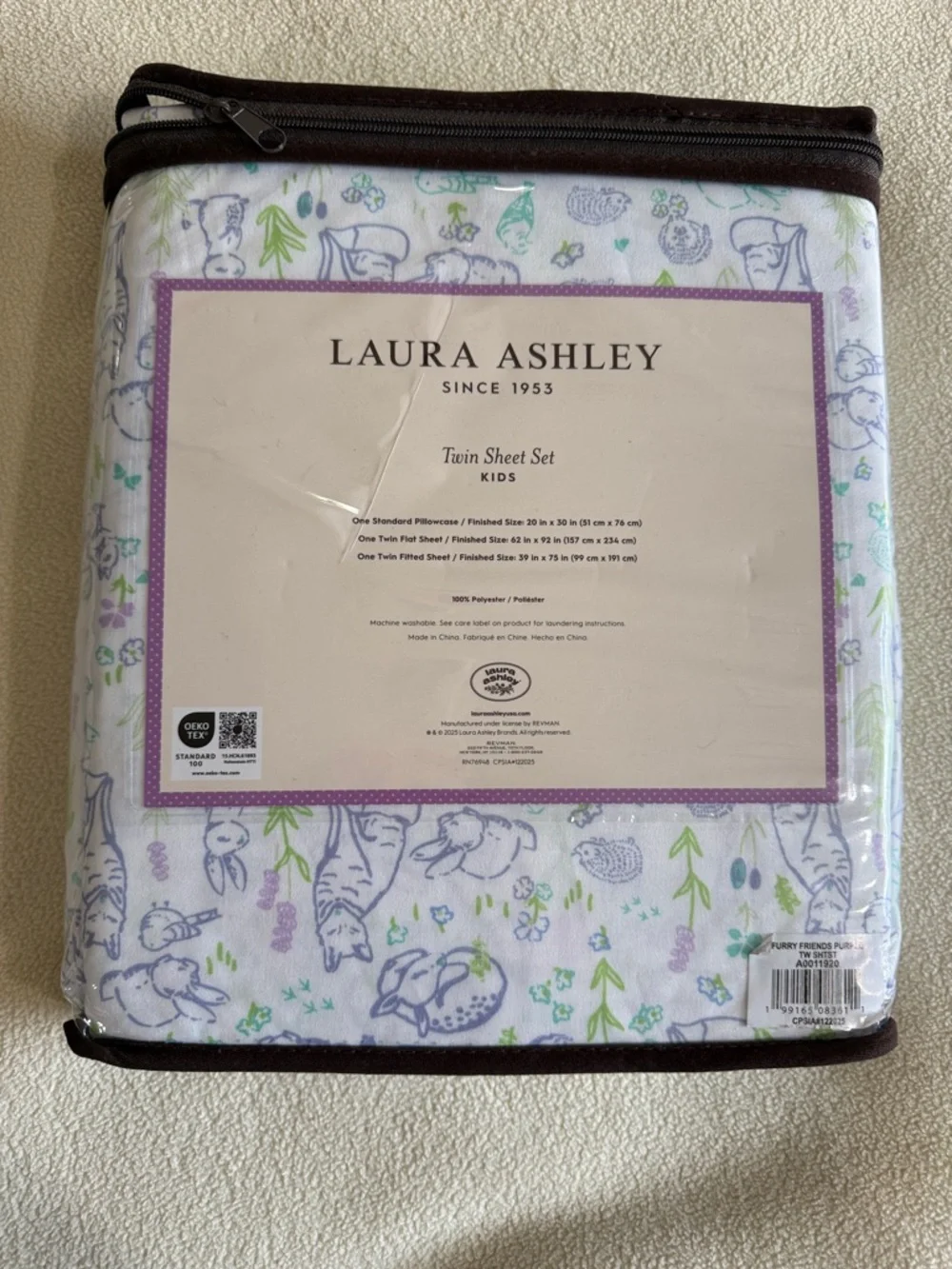 Laura Ashley Twin Sheet Set - White with Blue, Green, Purple Animal Print - Picture 4 of 7